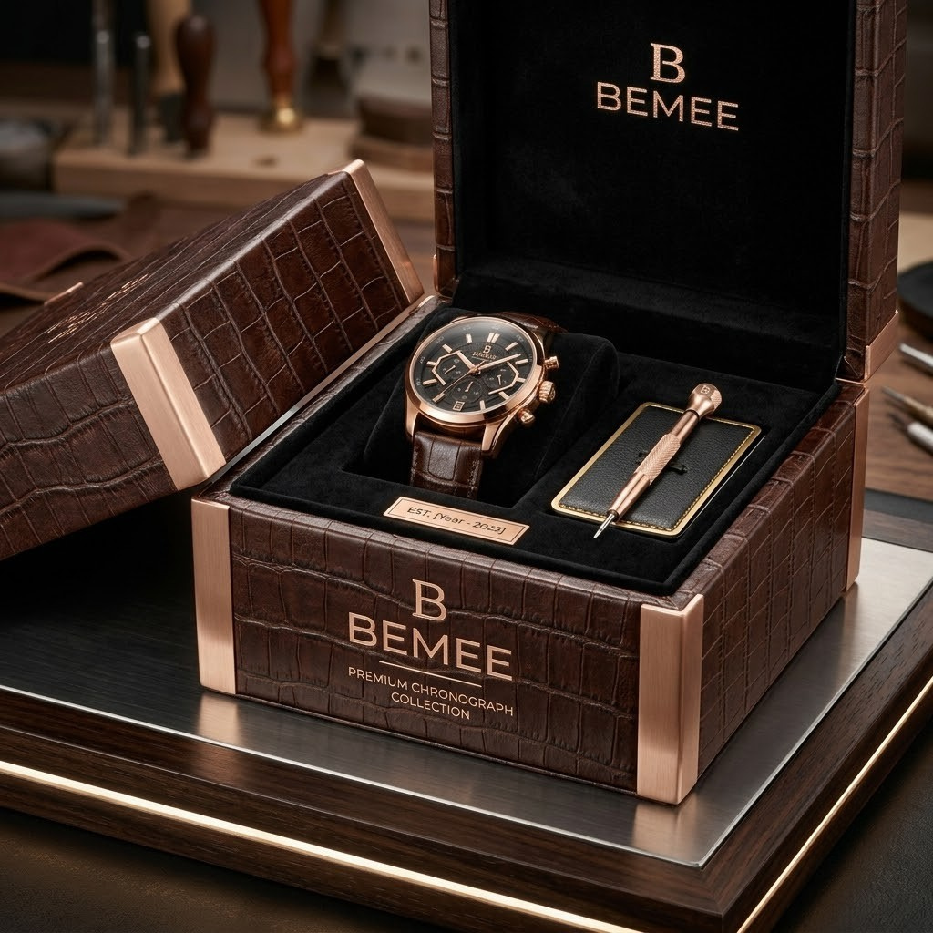 BEMEE Rose Gold Chronograph Watch for Men – Brown Leather Strap & Black Dial
