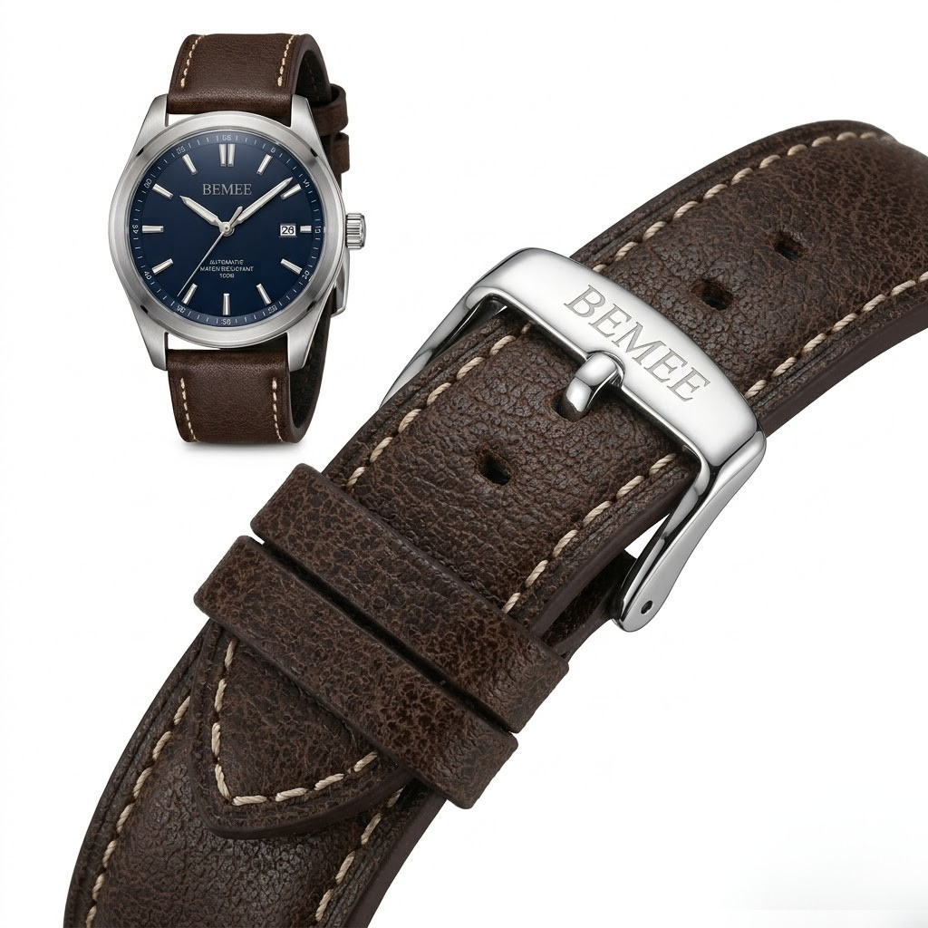 BEMEE Men's Classic Automatic Watch - Deep Blue Dial with Genuine Brown Leather Strap & Date Display