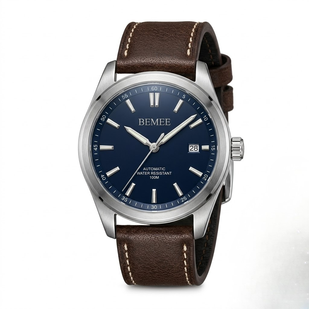 BEMEE Men's Classic Automatic Watch - Deep Blue Dial with Genuine Brown Leather Strap & Date Display