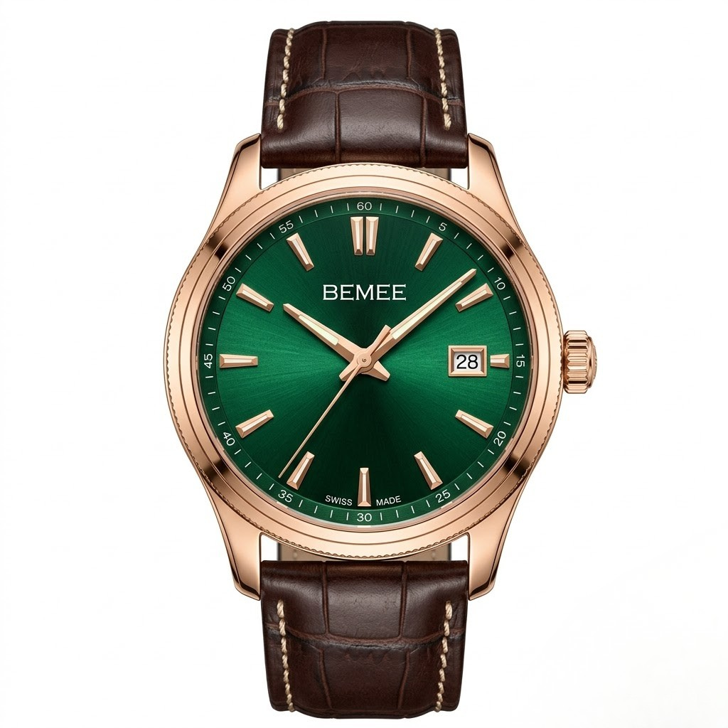 BEMEE Men's Luxury Automatic Watch - Deep Emerald Green Dial, Rose Gold Case & Dark Brown Leather Strap