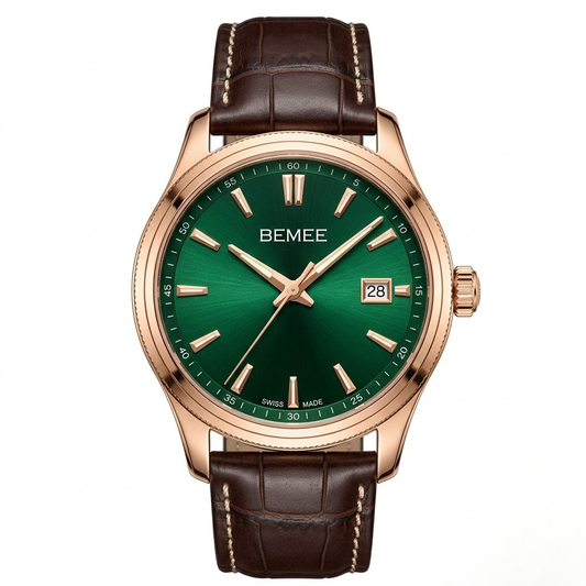 BEMEE Men's Luxury Automatic Watch - Deep Emerald Green Dial, Rose Gold Case & Dark Brown Leather Strap