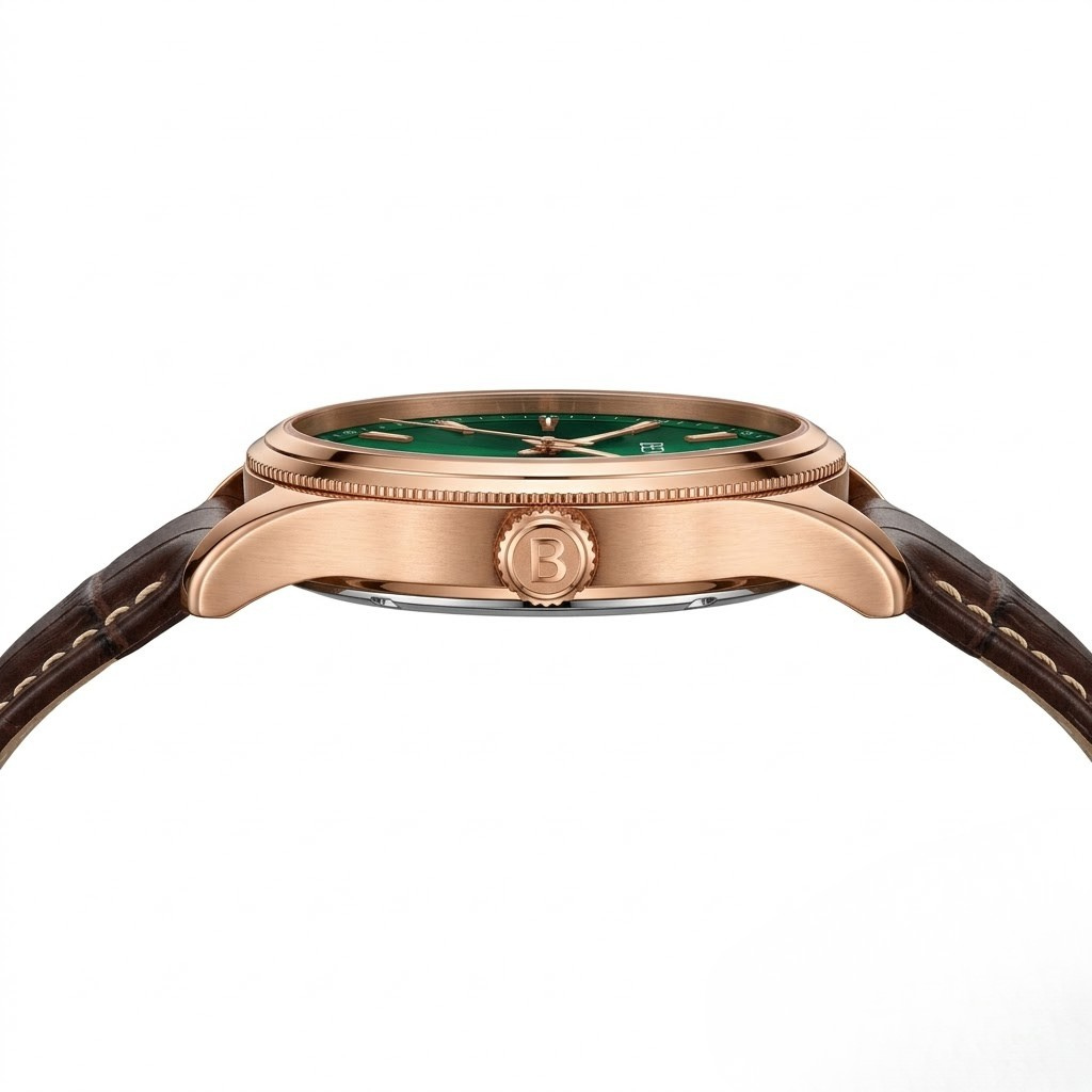 BEMEE Men's Luxury Automatic Watch - Deep Emerald Green Dial, Rose Gold Case & Dark Brown Leather Strap