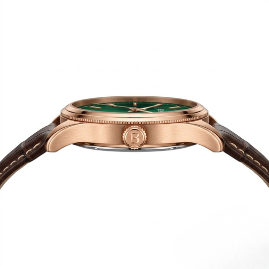BEMEE Men's Luxury Automatic Watch - Deep Emerald Green Dial, Rose Gold Case & Dark Brown Leather Strap