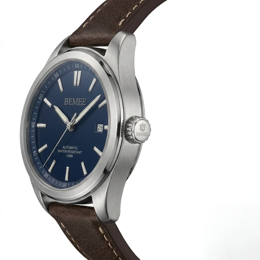 BEMEE Men's Classic Automatic Watch - Deep Blue Dial with Genuine Brown Leather Strap & Date Display