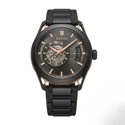 BEMEE Automatic Mechanical Luxury Watch for Men - Skeleton Dial, Black Canvas & Metal Interchangeable Strap, Rose Gold Accents