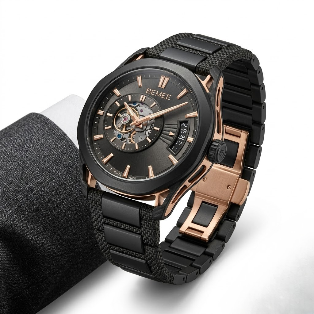 BEMEE Automatic Mechanical Luxury Watch for Men - Skeleton Dial, Black Canvas & Metal Interchangeable Strap, Rose Gold Accents