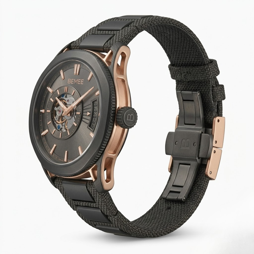 BEMEE Automatic Mechanical Luxury Watch for Men - Skeleton Dial, Black Canvas & Metal Interchangeable Strap, Rose Gold Accents