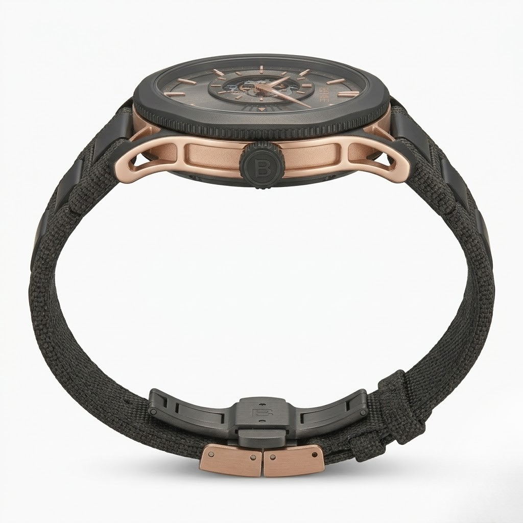 BEMEE Automatic Mechanical Luxury Watch for Men - Skeleton Dial, Black Canvas & Metal Interchangeable Strap, Rose Gold Accents