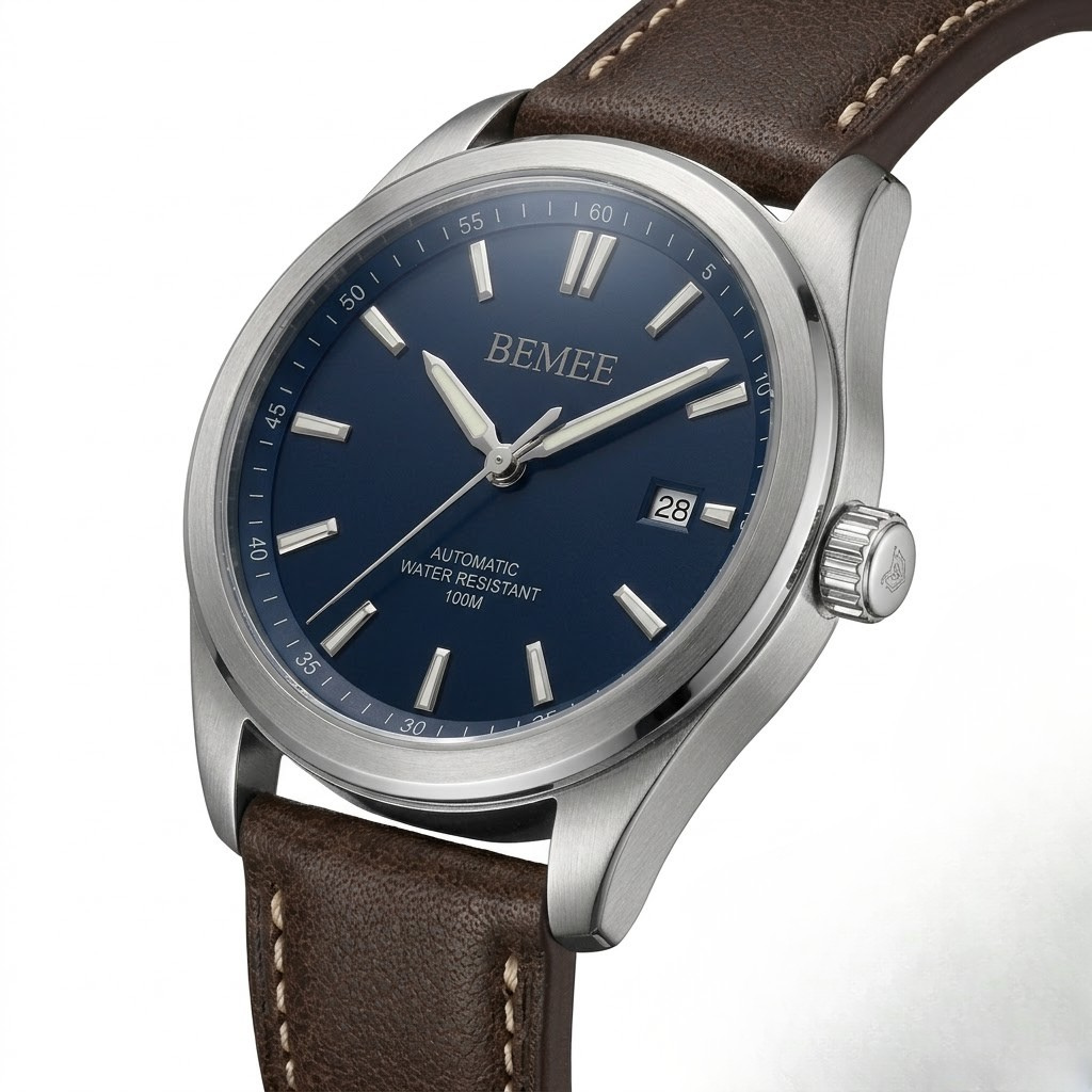 BEMEE Men's Classic Automatic Watch - Deep Blue Dial with Genuine Brown Leather Strap & Date Display