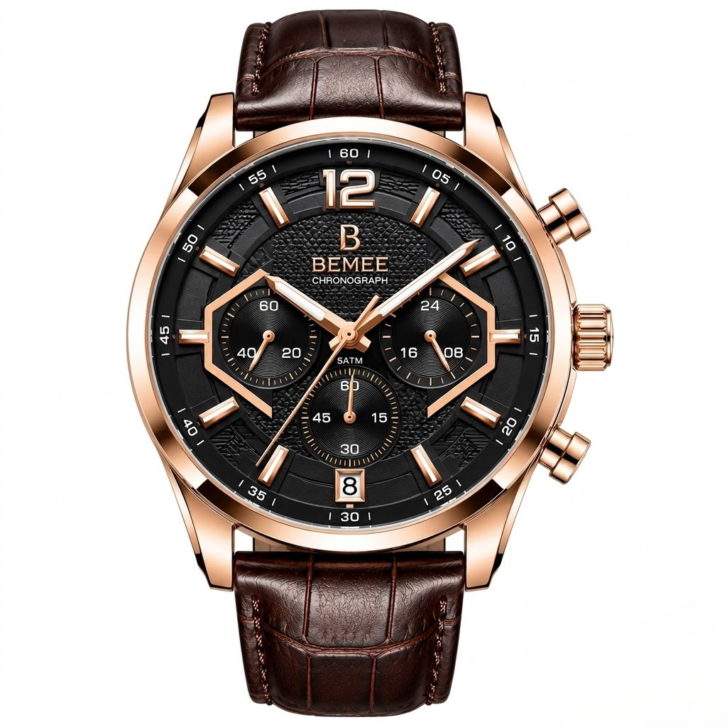BEMEE Rose Gold Chronograph Watch for Men – Brown Leather Strap & Black Dial