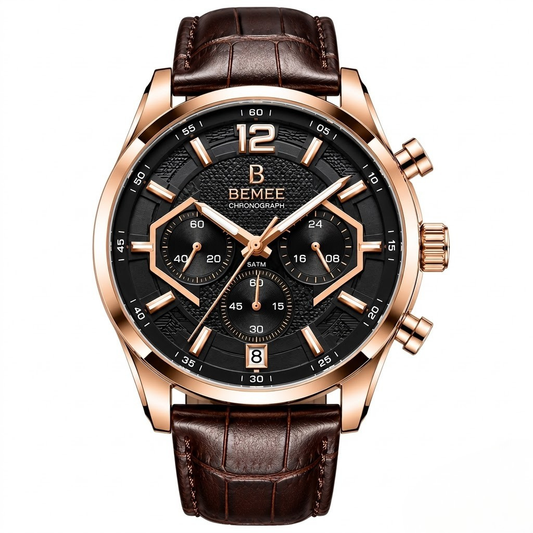 BEMEE Rose Gold Chronograph Watch for Men – Brown Leather Strap & Black Dial