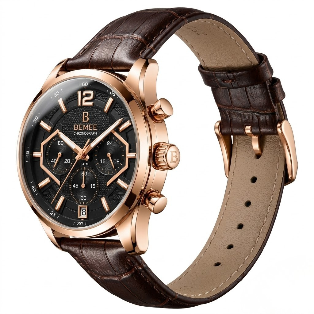 BEMEE Rose Gold Chronograph Watch for Men – Brown Leather Strap & Black Dial
