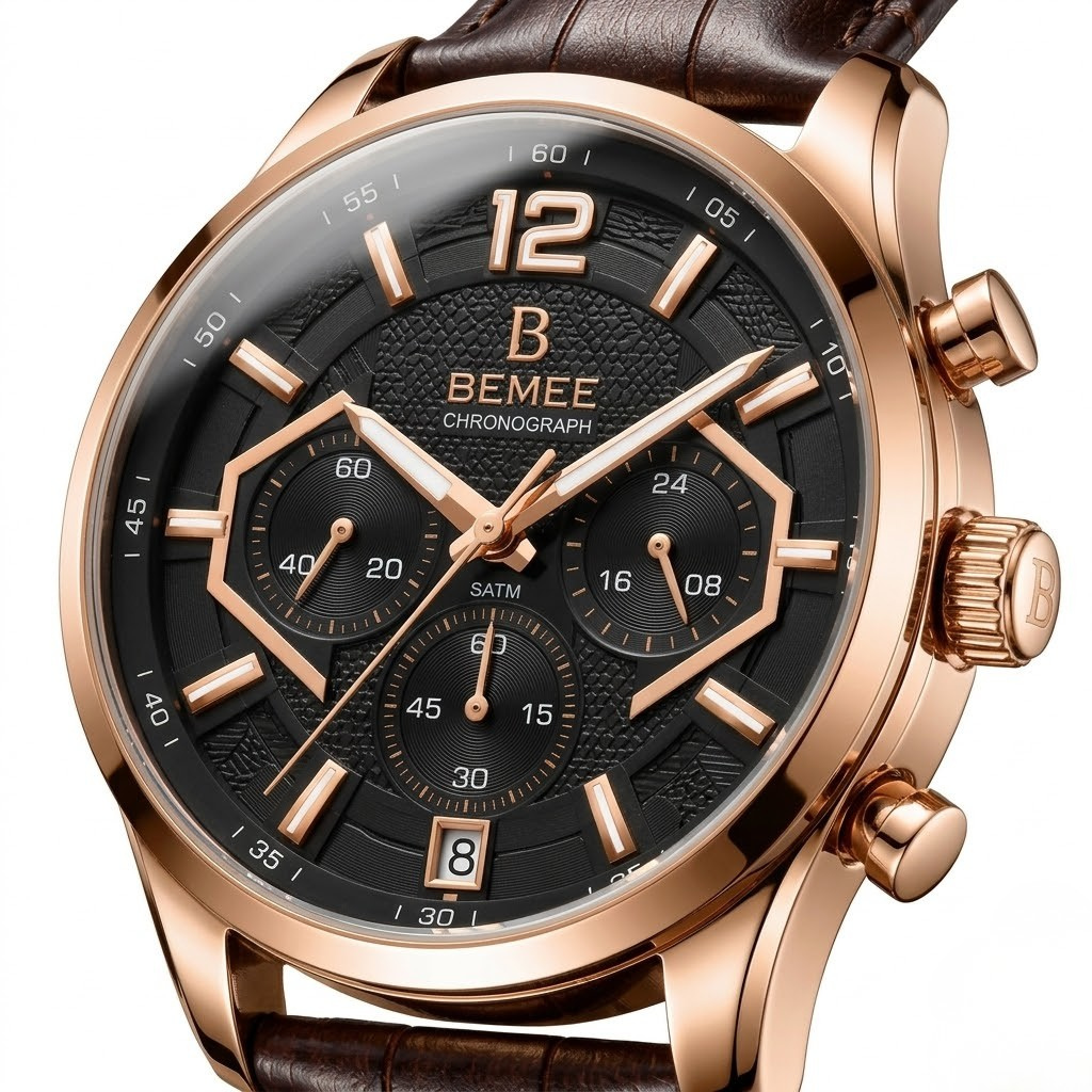 BEMEE Rose Gold Chronograph Watch for Men – Brown Leather Strap & Black Dial