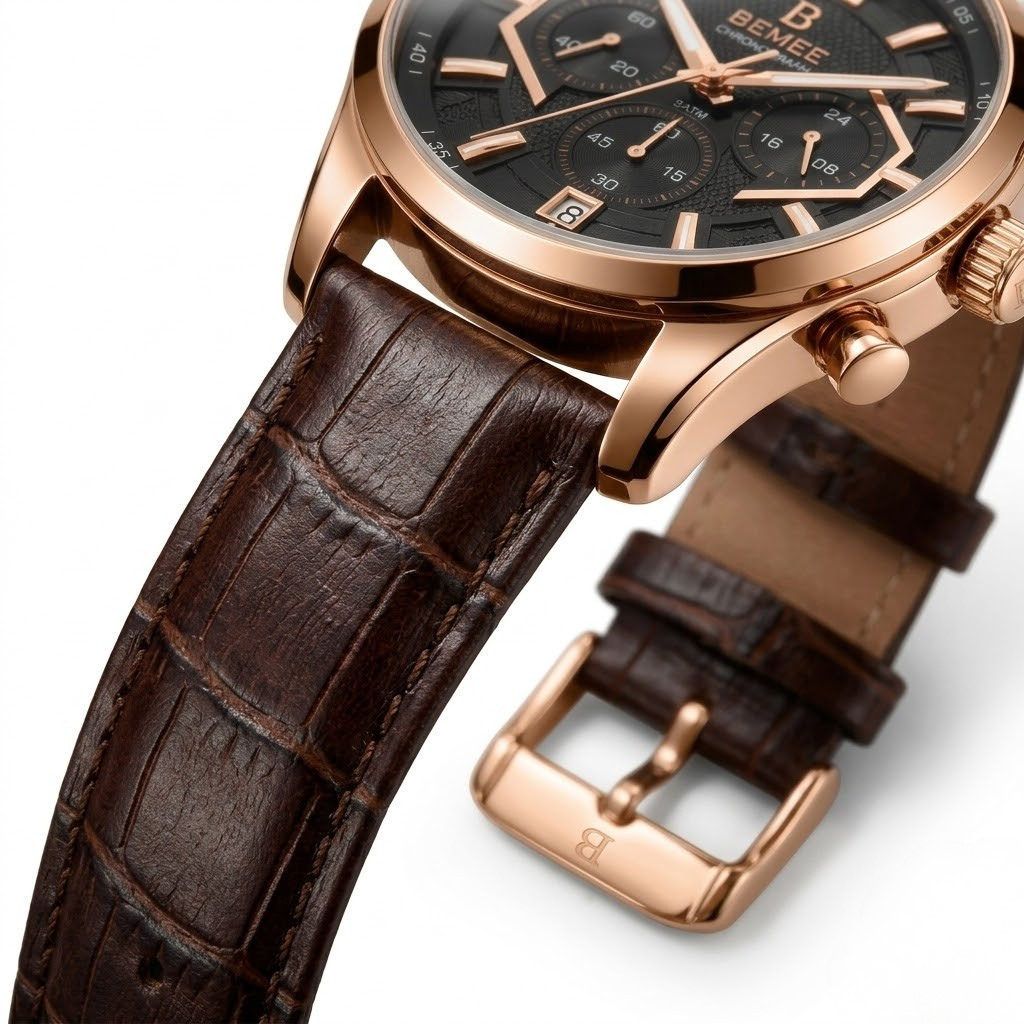 BEMEE Rose Gold Chronograph Watch for Men – Brown Leather Strap & Black Dial